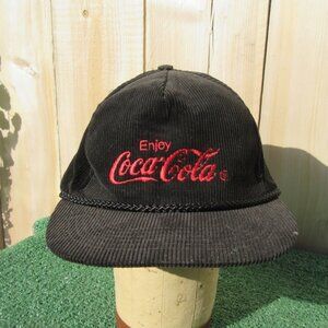 Vintage Enjoy Coca Cola Soda Black Corduroy Snapback Baseball Hat Cap